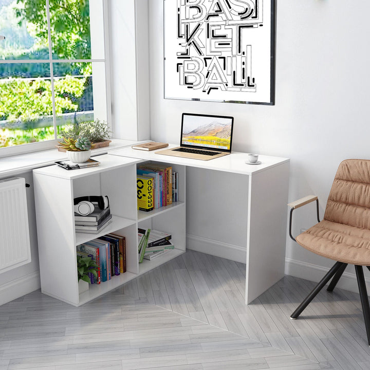 Laila L Shape Rotatable Study Table, Computer Desk, WFH Office Table with Storage
