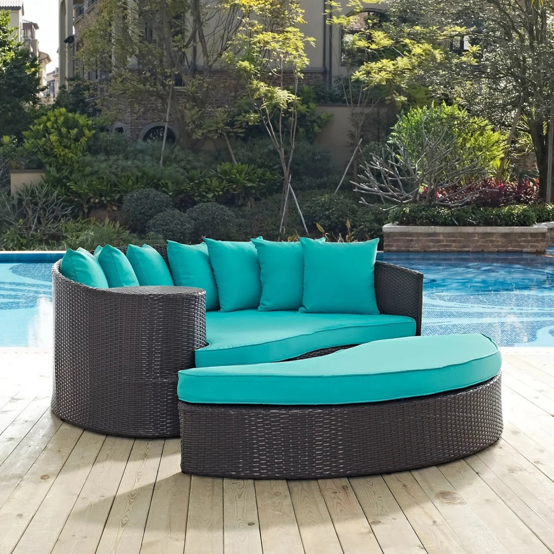 Senta Outdoor Rattan Wicker Daybed (Dark Brown & Turquoise Blue)
