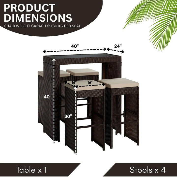Xia 5-Piece Outdoor Rattan Wicker Bar Set with Glass Top Table