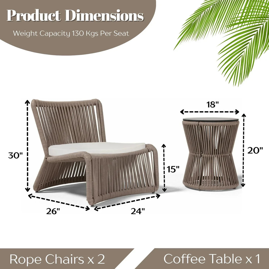 Cestino Outdoor Patio Seating Set 2 Chairs and 1 Table Set (Beige) Braided & Rope