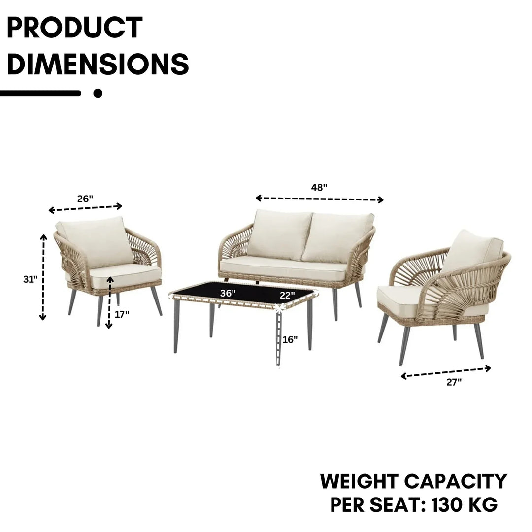 Navy Outdoor Rope 4-Piece Patio Sofa Set with Glass Top Table (Beige/Cream)