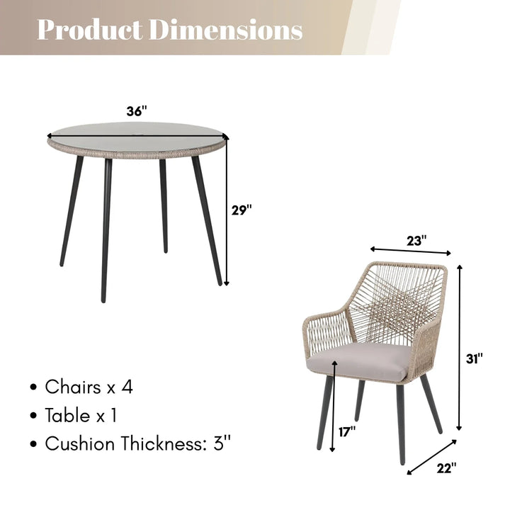 Valentina 5-Piece Outdoor Patio Dining Set with Rope Chairs & Glass Top Table