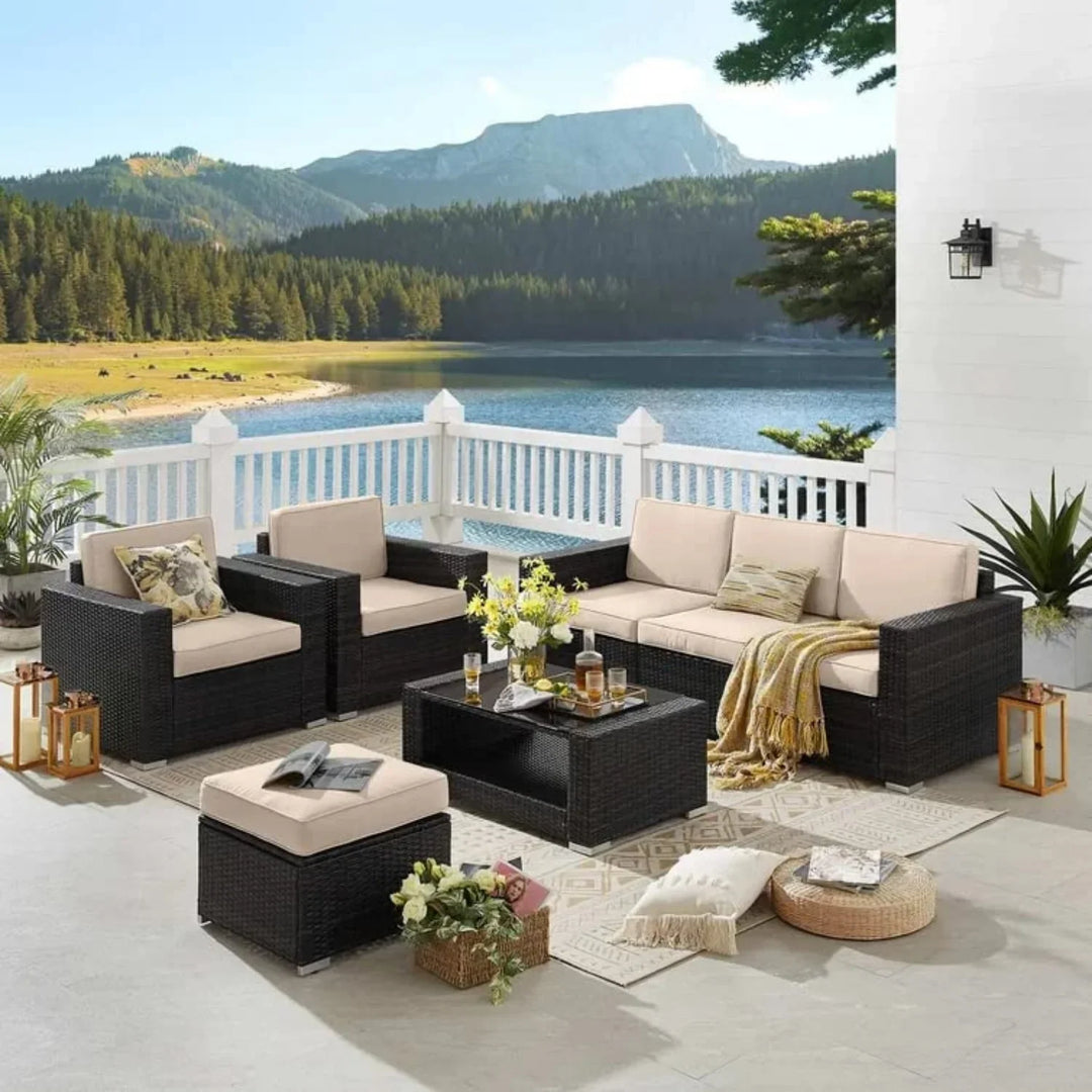 Yashasvi Outdoor 5 Piece HDPE Wicker Conversation Sofa Set