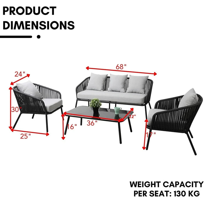 Azalea 4-Piece Outdoor Rope Patio Sofa Set (Black & Off-White)