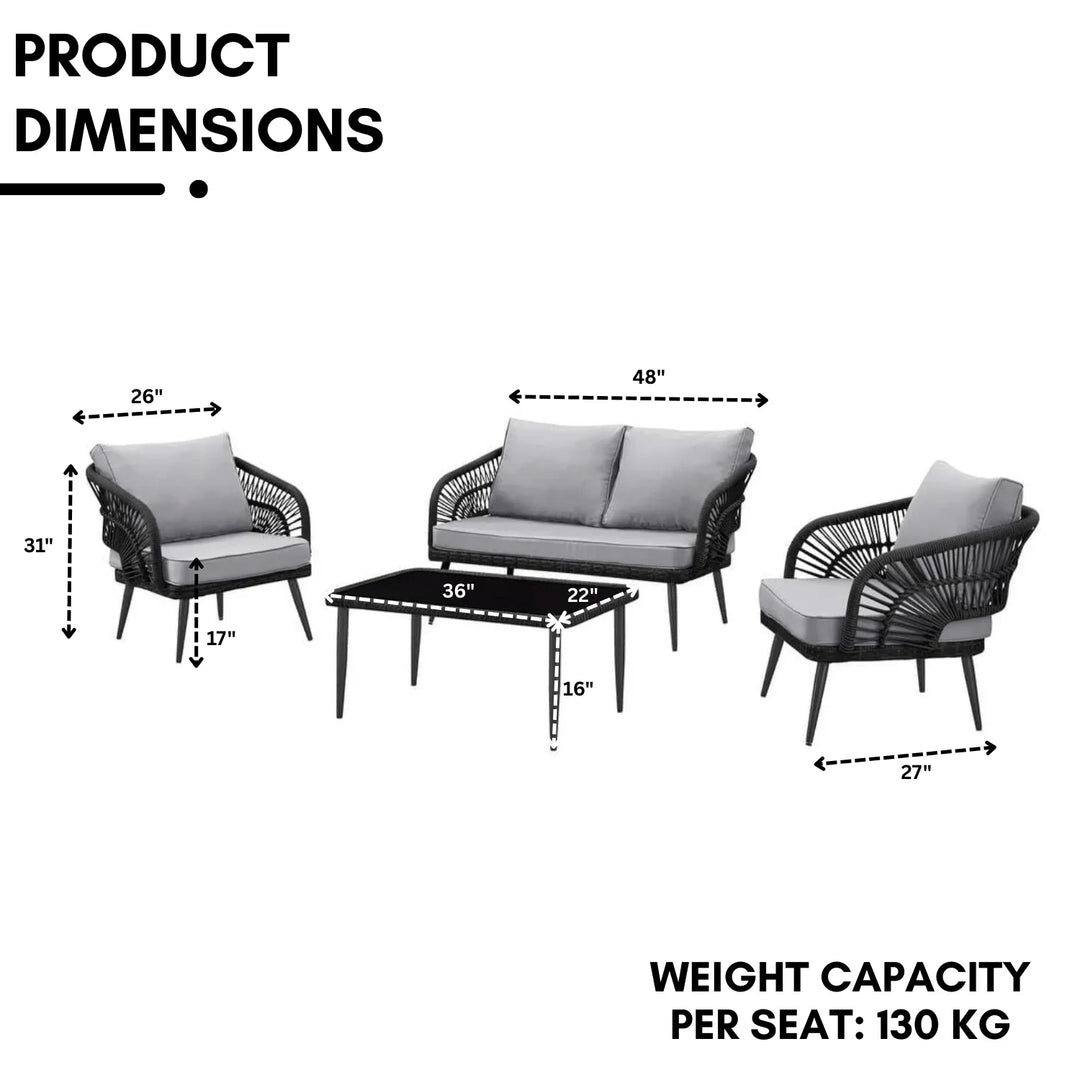 Presley Outdoor Rope 4-Piece Patio Sofa Set with Glass Top Table (Black/Light Grey)