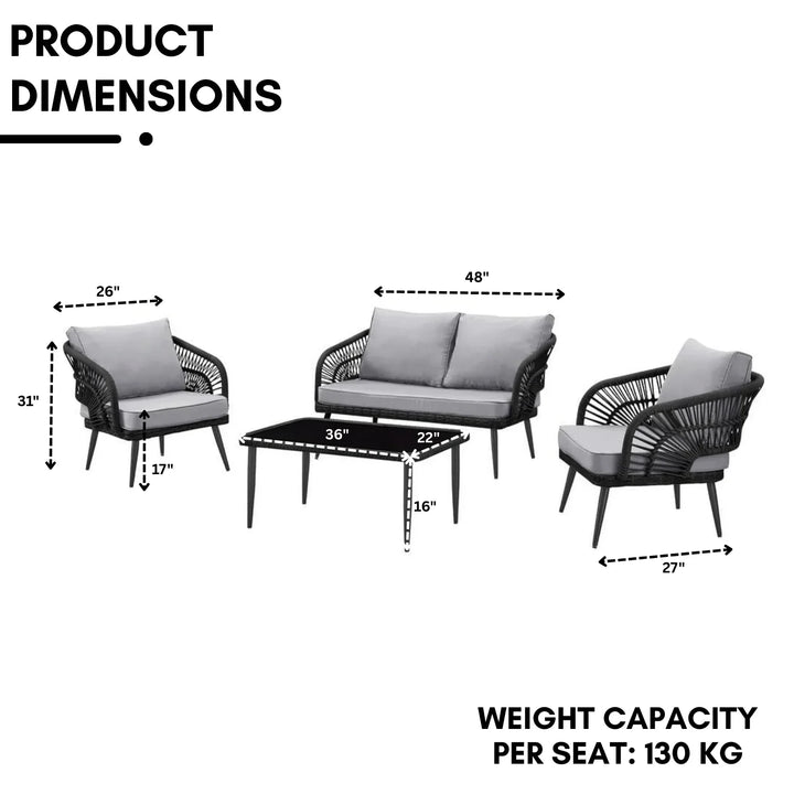 Presley Outdoor Rope 4-Piece Patio Sofa Set with Glass Top Table (Black/Light Grey)