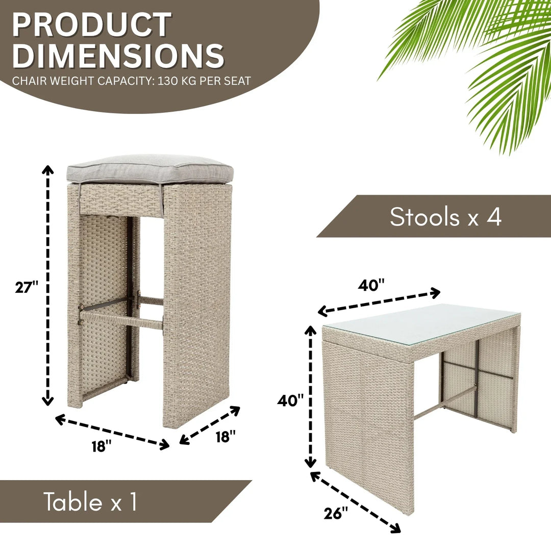 Natsuki 5-Piece Outdoor Rattan Wicker Bar Set with Glass Top Table