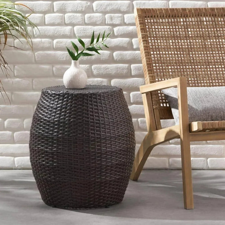 Yui Dark Brown Rattan Damru Accent Table for Patio
