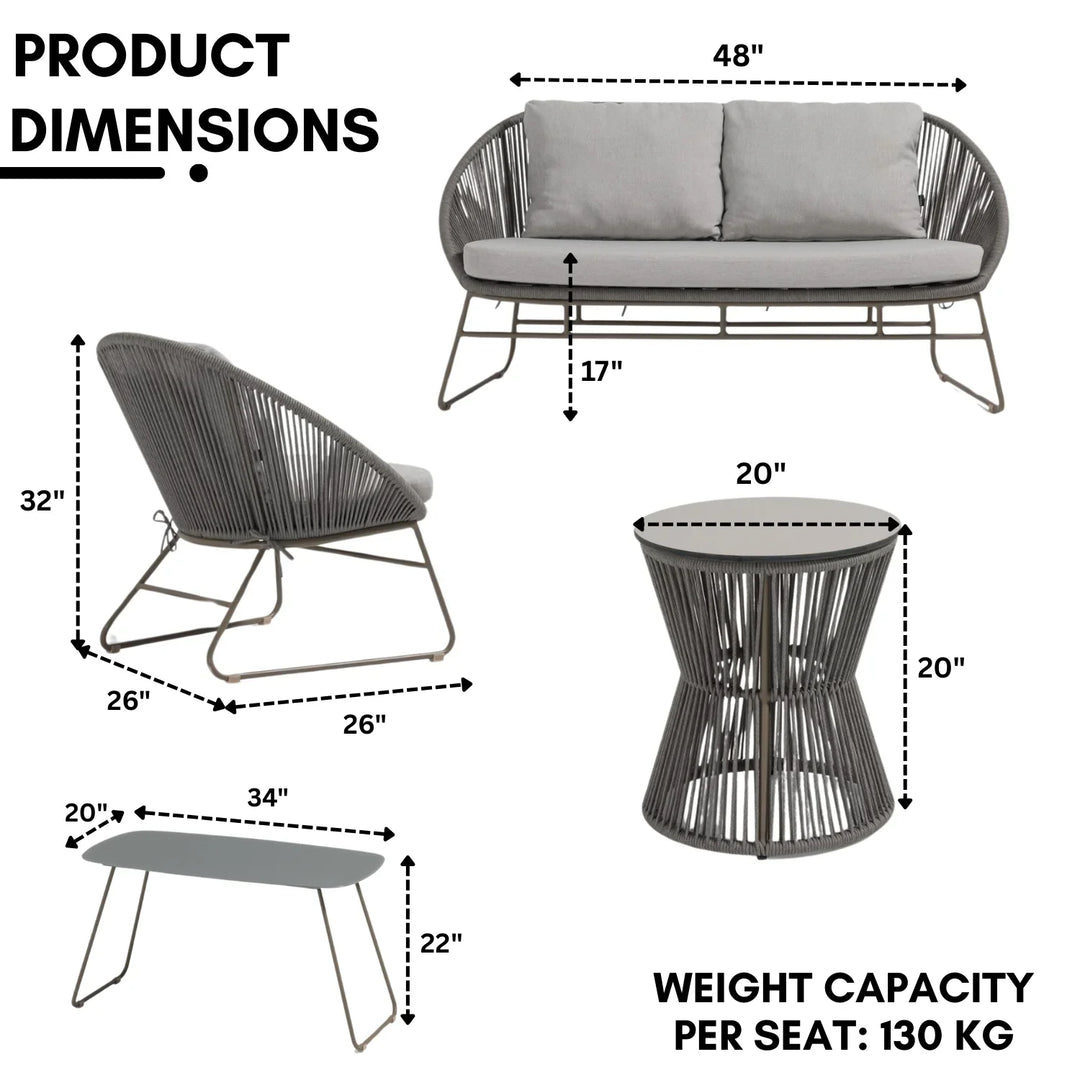 Sawyer Outdoor Rope 4-Piece Patio Sofa Set with Glass Top Tables