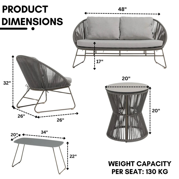 Sawyer Outdoor Rope 4-Piece Patio Sofa Set with Glass Top Tables