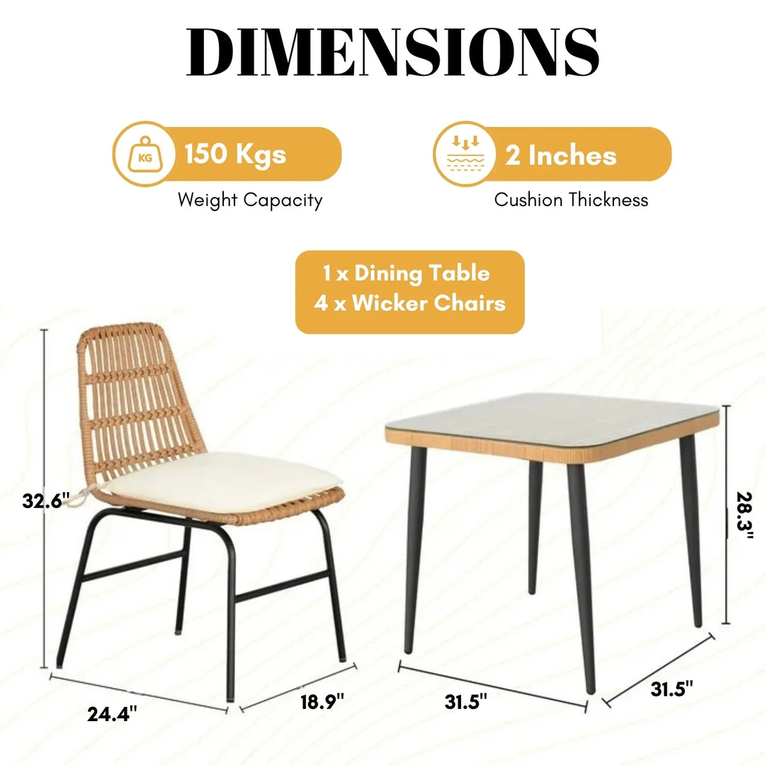 Macarena 5-Piece Outdoor Patio Dining Set With Rattan Chairs & Glass-Top Table