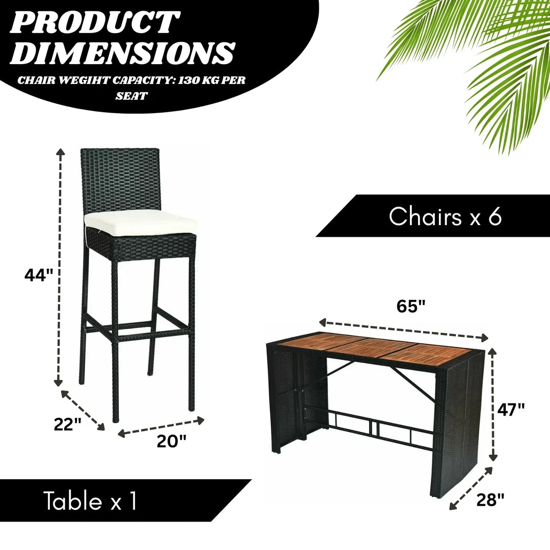 Lyra 7-Piece Outdoor Rattan Wicker Bar Set with Wooden Top Table
