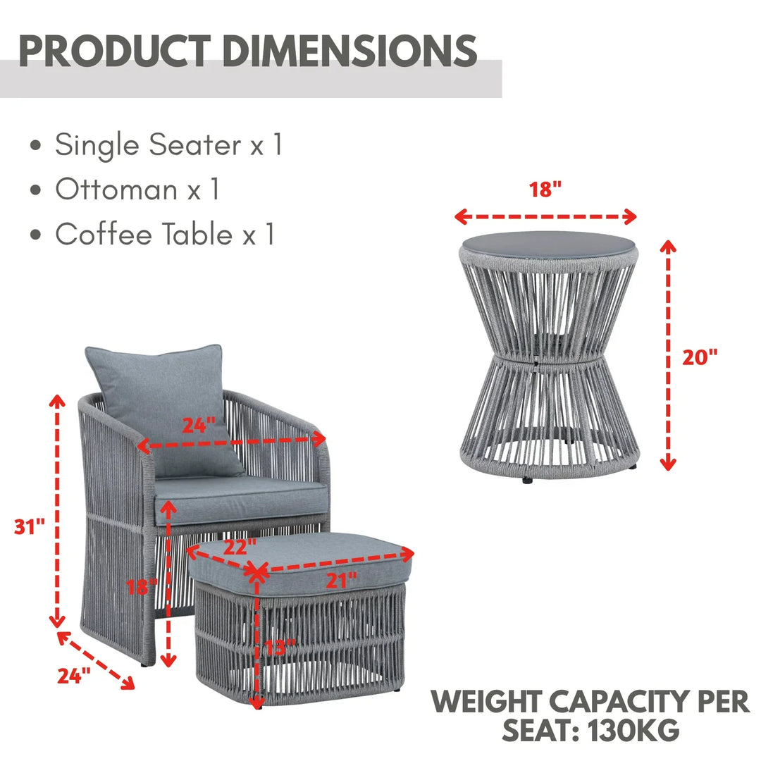 Chhaya Outdoor 3 Piece Rope Patio Sofa Set (Grey)