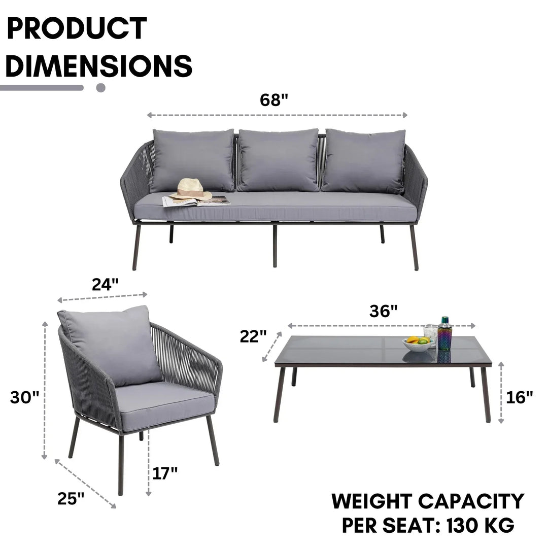Zariah Outdoor Rope 5-Seater Patio Sofa Set with Glass Top Table (Grey)