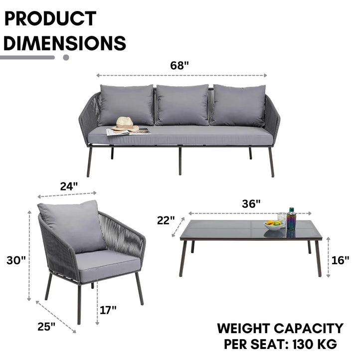 Zariah Outdoor Rope 5-Seater Patio Sofa Set with Glass Top Table (Grey)