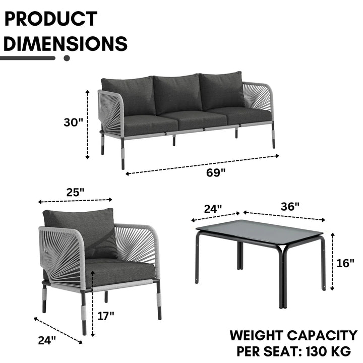 Bellamy Outdoor Rope 5-Seater Sofa Set With Glass Top Table