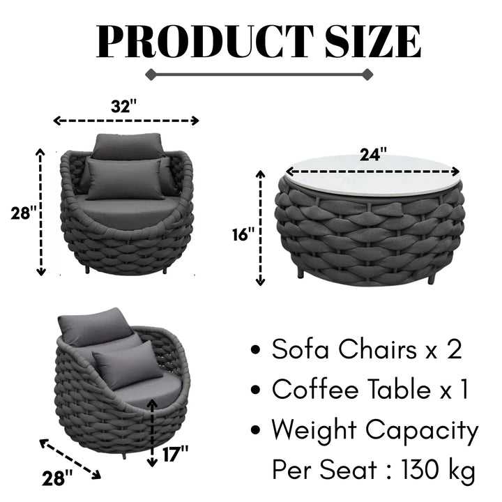 Miyako Nest Shape 3-Piece Hand-Woven Rope Patio Set