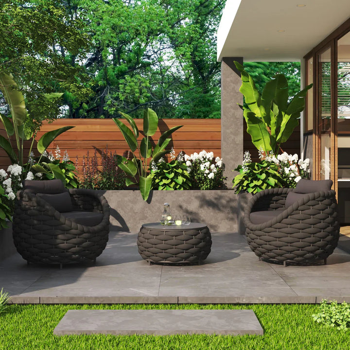 Outlee Outdoor Patio Seating Set 2 Chairs and 1 Table Set (Dark Grey) Braided & Rope