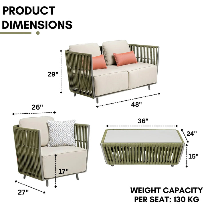 Alma All-Weather Rope 5 Seater Sofa Set With Glass Top Table