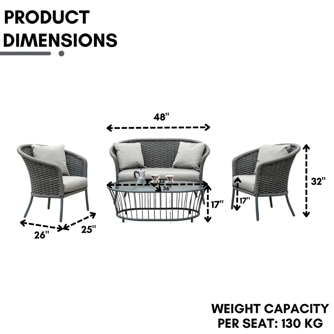 Zahra Outdoor Grey Rope 4 Piece Patio Sofa Set with Light Grey Cushions