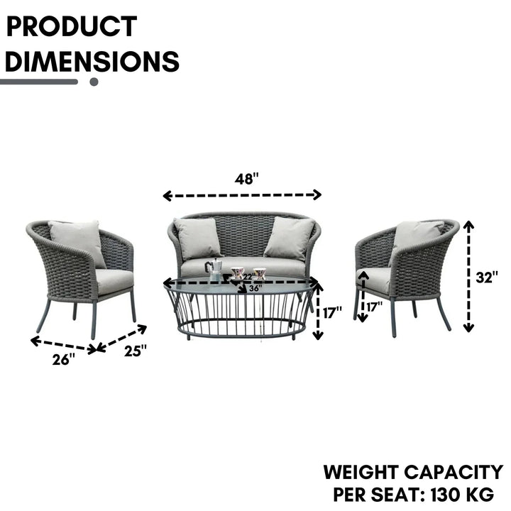 Zahra Outdoor Grey Rope 4 Piece Patio Sofa Set with Light Grey Cushions
