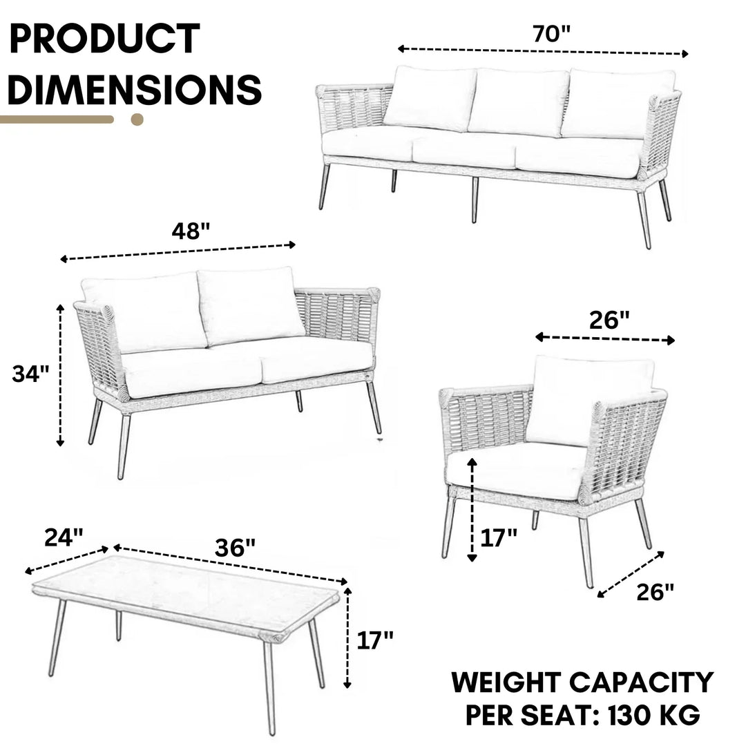 Noura Outdoor Beige Rope 7-Seater Sofa Set With Glass Top Table