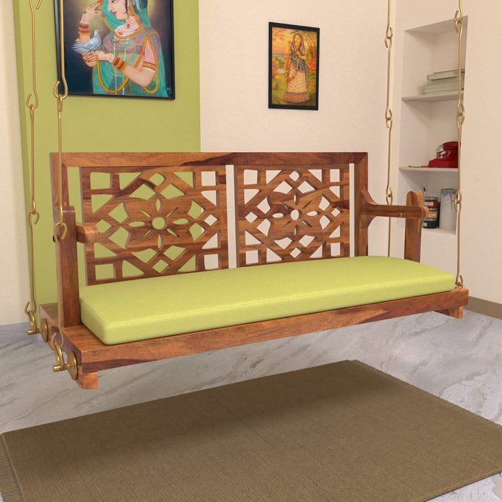 Anvi Fusion Flowered Carved Back Handmade Wooden Swing for Home