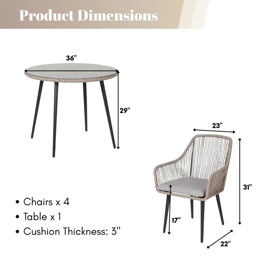 Zoya 5-Piece Outdoor Rope Patio Dining Set With Glass Top Table