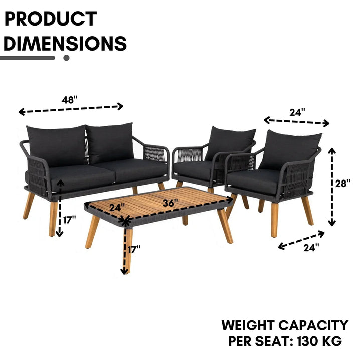 Riley 4-Piece Outdoor Rope Patio Furniture Set with Wood-Top Table