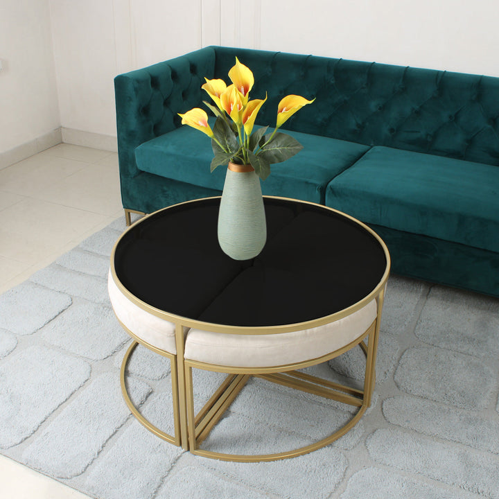 Benton Nesting Black Glass Coffee Table Set With 4 Stools In Gold Finish