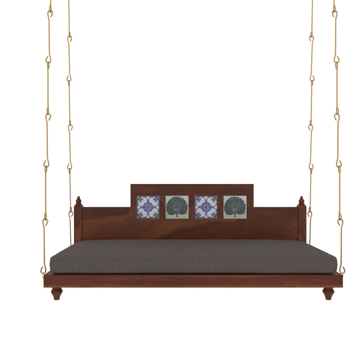 Krisha Artistic Wooden Swing with Hand-Painted Peacock Tiles – Balcony Jhula with Cushioned Seating