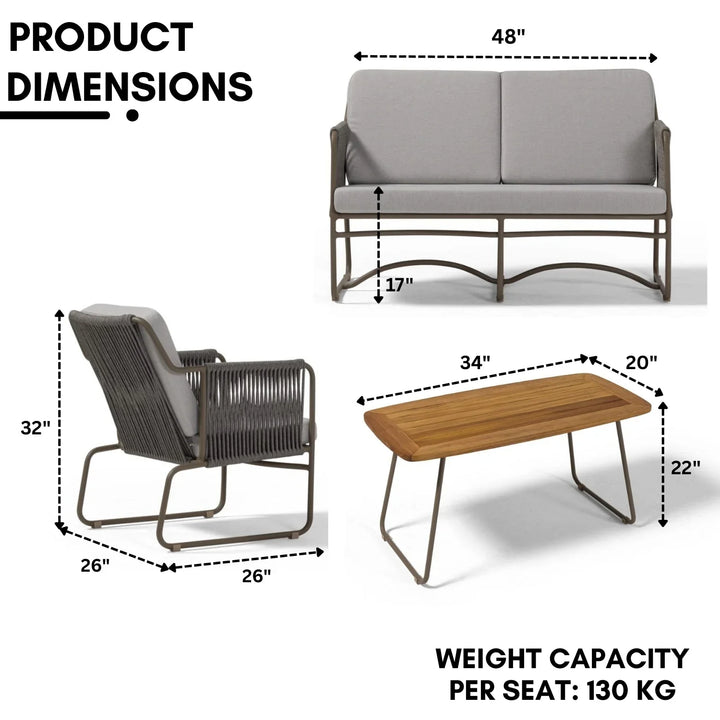 Isabeau Outdoor Rope Loveseat Sofa Set With Wooden Top Table