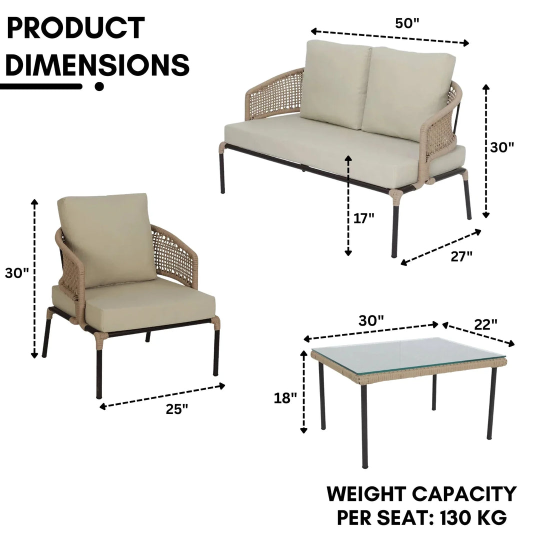 Amaya All-Weather Patio Rope Sofa Set with Glass Top Coffee Table