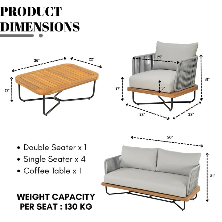 Oindrila Outdoor 6-Piece Rope Woven Conversation Sofa Set with Wooden Top Table