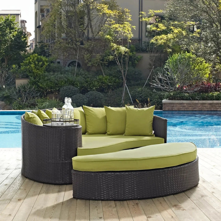 Leonie Outdoor Rattan Wicker Daybed (Dark Brown & Green)