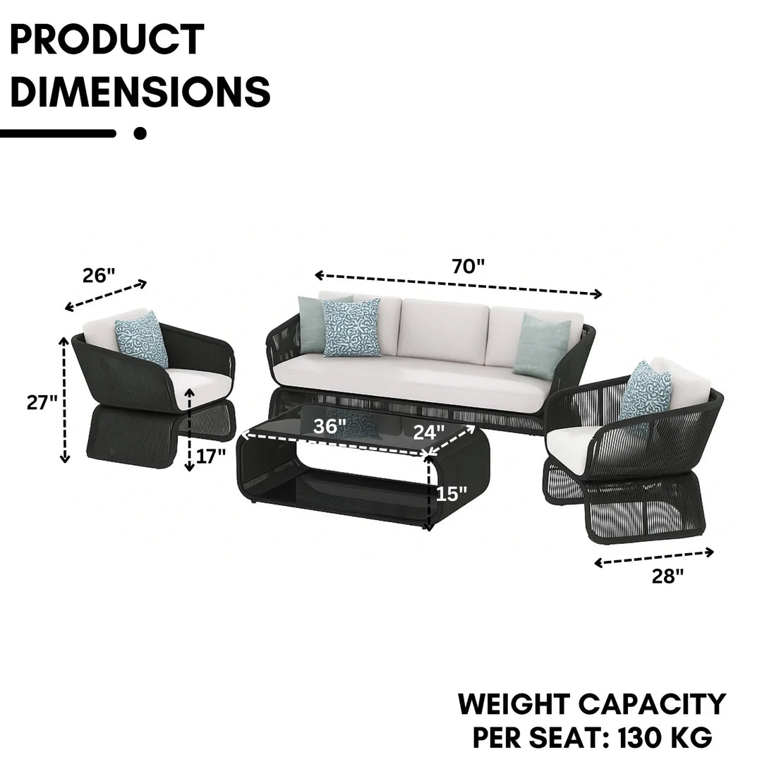 Zainab Outdoor Braided Rope Sofa Set With 2-Tier Glass Top Table