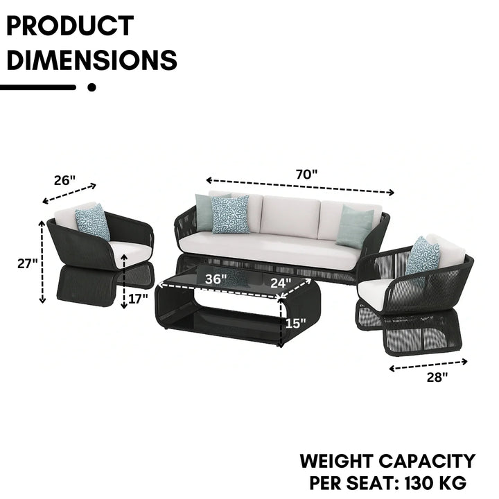 Zainab Outdoor Braided Rope Sofa Set With 2-Tier Glass Top Table
