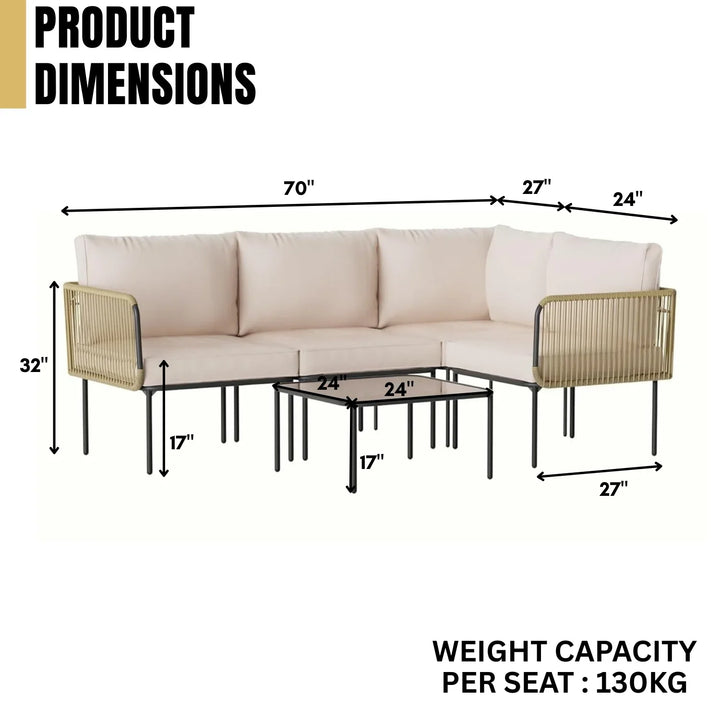 Eliana L-Shaped Rope Woven Outdoor Sofa Set (Beige & Cream)