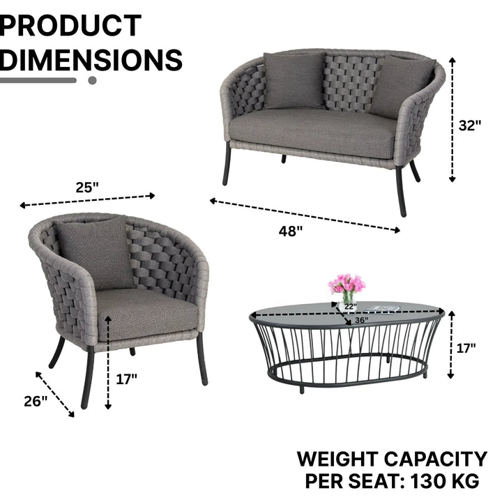 Yasmeen Outdoor Grey Rope 4 Piece Patio Sofa Set with Dark Grey Cushions