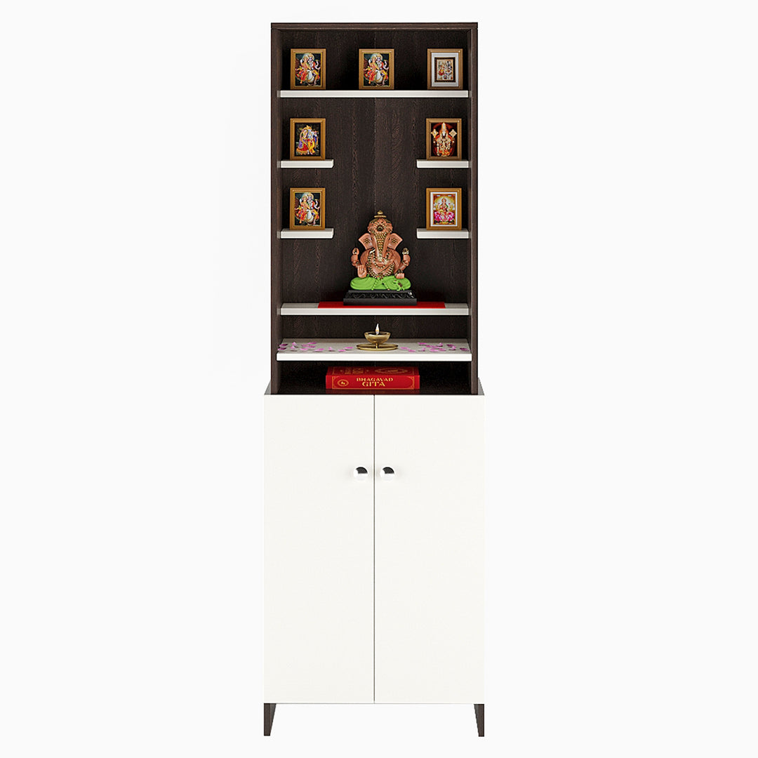 Aanya Pooja Mandir for Home, Modern Temple for Home & Office, Prayer Cabinet Puja Stand Shelf in Wenge & White Finish
