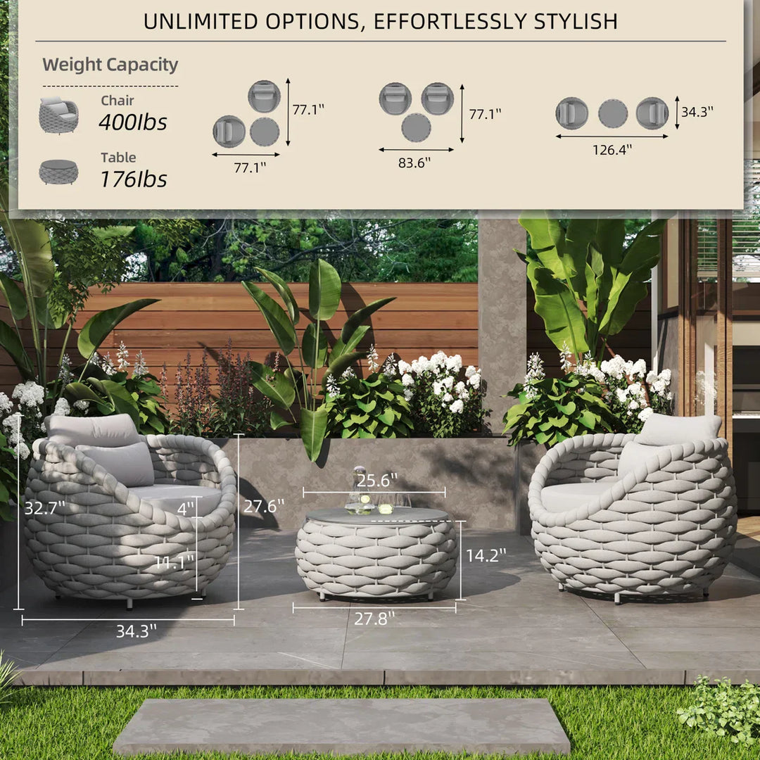 Fiae Outdoor Patio Seating Set 2 Chairs and 1 Table Set (Light Grey) Braided & Rope