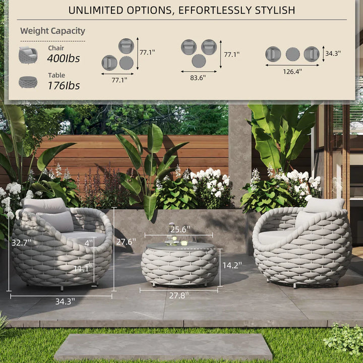 Fiae Outdoor Patio Seating Set 2 Chairs and 1 Table Set (Light Grey) Braided & Rope