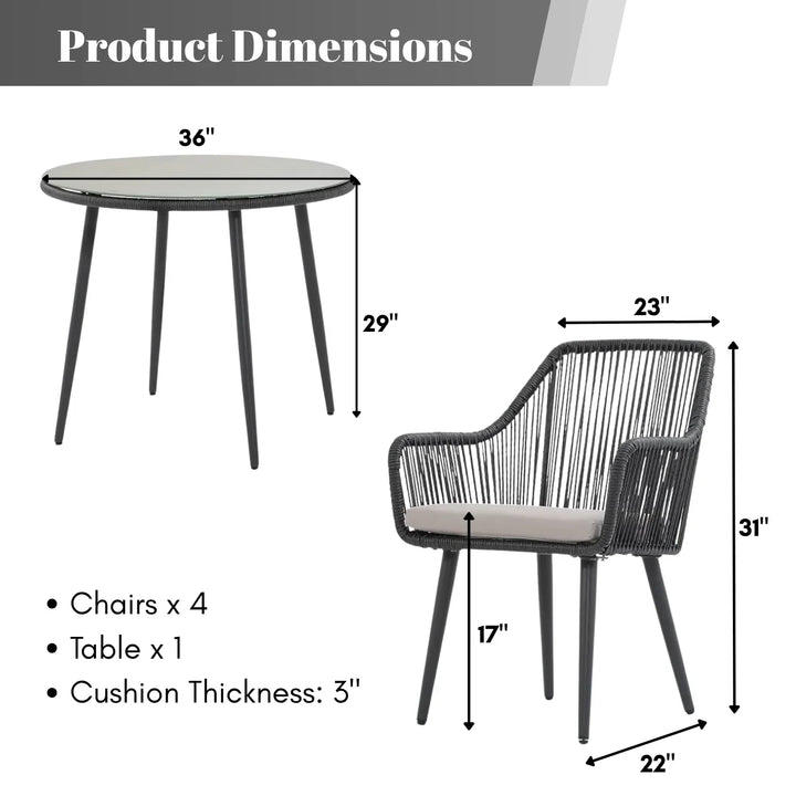 Isolde 5-Piece Outdoor Rope Patio Dining Set With Glass Top Table