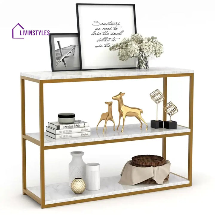 3-Tier White Marble Console Table with Golden Finish Table