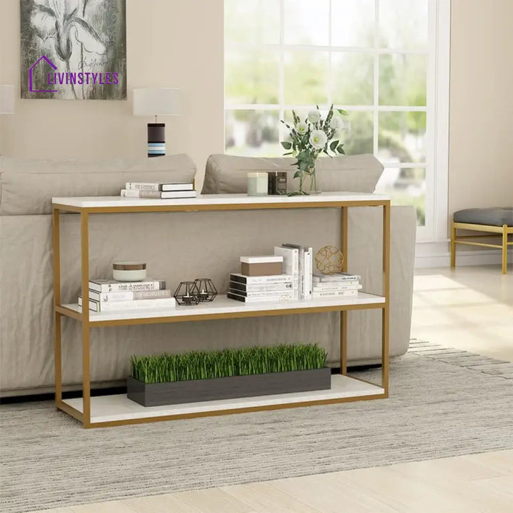 3-Tier White Marble Console Table with Golden Finish Table