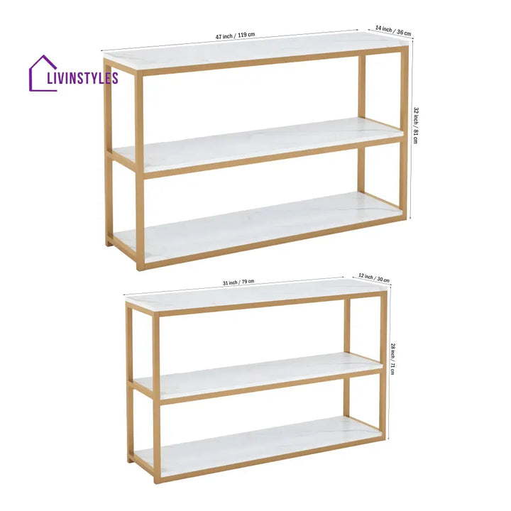 3-Tier White Marble Console Table with Golden Finish Table