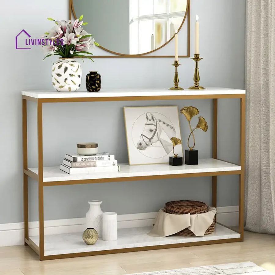 3-Tier White Marble Console Table with Golden Finish Small (40 x 14 x 27) Inches Table