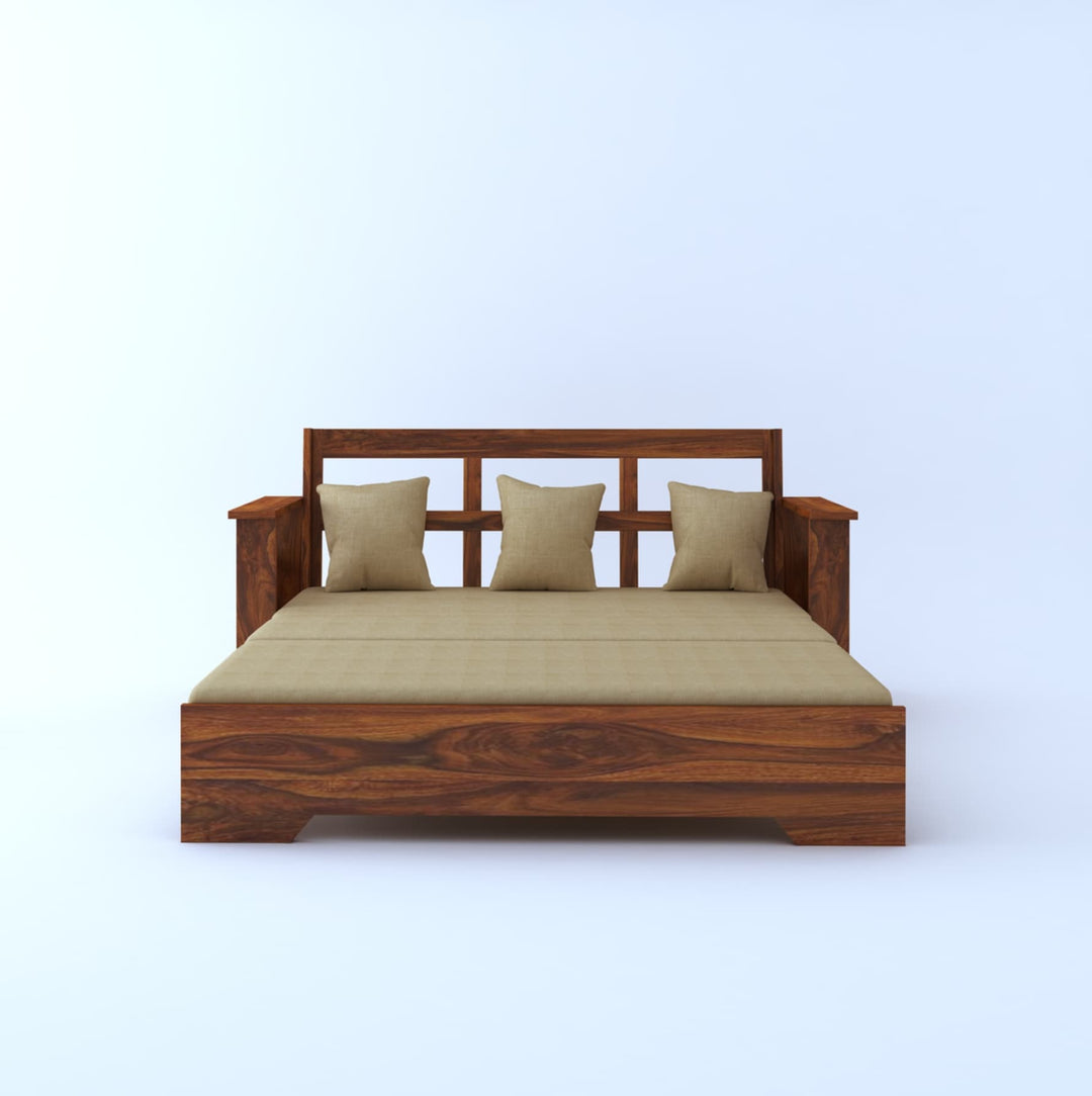 Remi Solid Sheesham Wood 3 Seater Sofa Cum Bed With Side Pockets