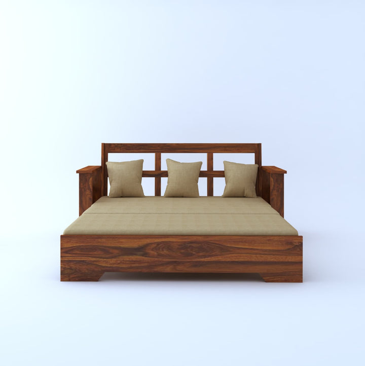 Remi Solid Sheesham Wood 3 Seater Sofa Cum Bed With Side Pockets