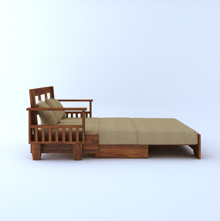 Remi Solid Sheesham Wood 3 Seater Sofa Cum Bed With Side Pockets